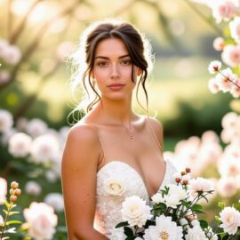 une-demoiselle-dhonneur-dans-un-jardin-de-mariage-portant-une-robe-elegante-entouree-de-fleurs-en-fleurs-avec-une-douce-lumiere-du-soleil-filtrant-a-travers-les-arbres-creant-une-atmosphere-n
