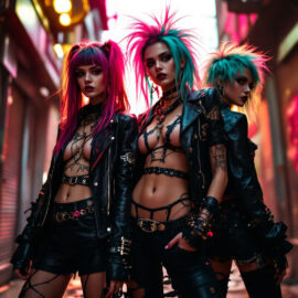 une-image-illustrant-une-declaration-de-mode-rebelle-presentant-des-tenues-punk-avec-des-accessoires-audacieux-dans-un-environnement-urbain-mettant-en-avant-des-couleurs-sombres-et-des-accent