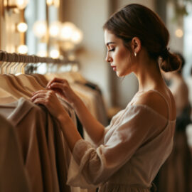 une-femme-sophistiquee-dans-une-boutique-elegante-choisissant-des-vetements-delicats-dans-une-cabine-dessayage-entouree-de-miroirs-et-dune-ambiance-chaleureuse