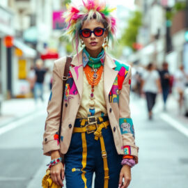 une-personne-portant-une-tenue-excentrique-se-tenant-sur-une-rue-animee-de-la-ville-entouree-de-batiments-modernes-et-de-passants-sous-un-beau-ciel-ensoleille