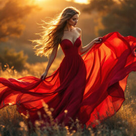 une-robe-rouge-elegante-qui-flotte-au-soleil-capturant-la-lumiere-doree-du-crepuscule-mise-en-valeur-par-un-paysage-naturel-et-des-ombres-douces