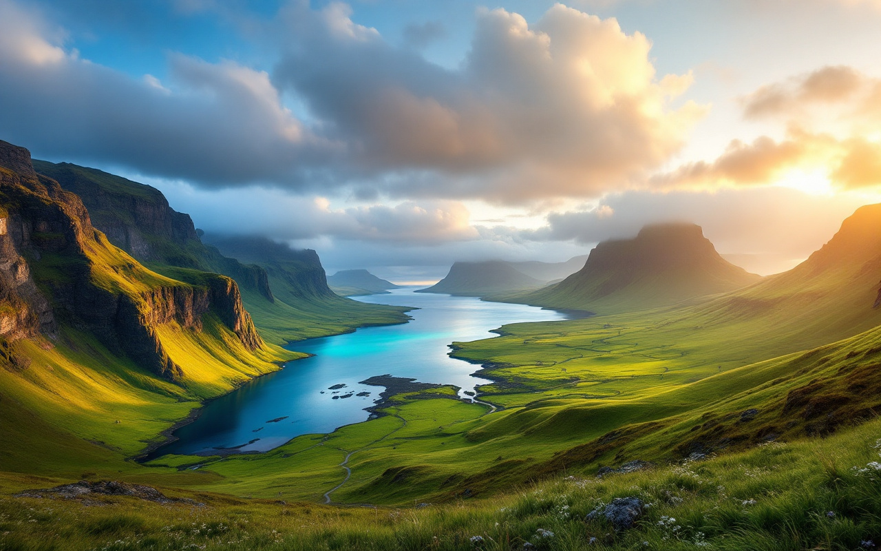 Une vue imprenable sur des fjords islandais, avec des falaises dramatiques et des vallées verdoyantes, les eaux cristallines reflétant les teintes chaudes du coucher de soleil.