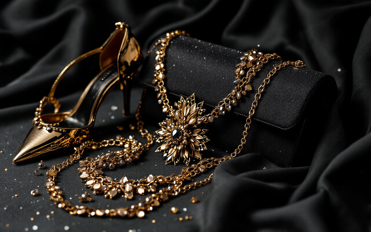 Accessoires à la mode pour une tenue de gala, comprenant des bijoux élégants, une pochette stylée et des talons audacieux, dans une ambiance luxueuse et sophistiquée.