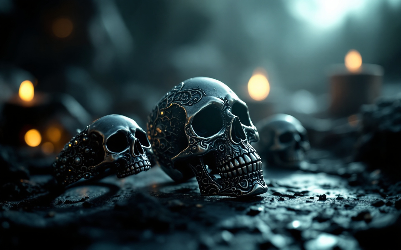Image de bijoux gothiques comportant des motifs de crânes, mettant en valeur des détails raffinés et des couleurs métalliques sombres dans un environnement éclairé.