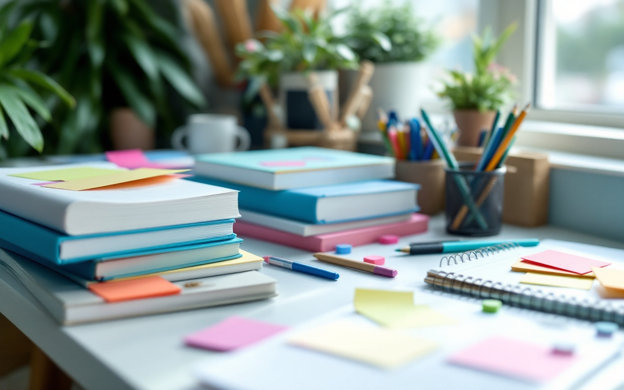 Une photo d'un espace d'étude organisé avec un bureau propre, des notes colorées sur des post-it, des carnets et des stylos, illuminé par une douce lumière naturelle, avec des teintes apaisantes de bleu et vert.