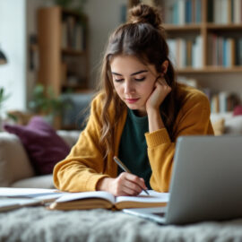 un-etudiant-concentre-entoure-de-livres-et-utilisant-un-ordinateur-portable-dans-une-piece-chaleureuse-et-bien-eclairee
