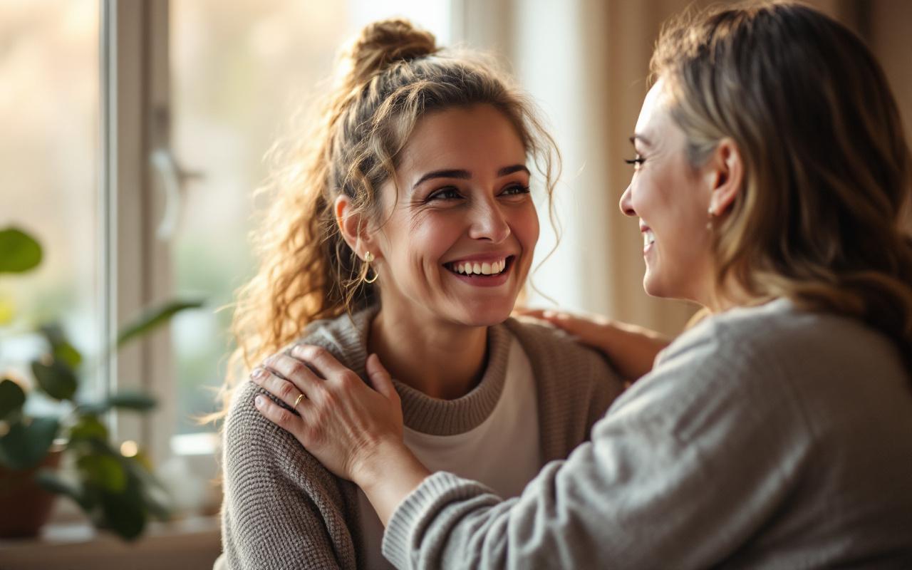 Une interaction chaleureuse entre un soignant et une personne, montrant un sourire tendre et une étreinte douce dans une pièce ensoleillée, accentuant la connexion humaine.