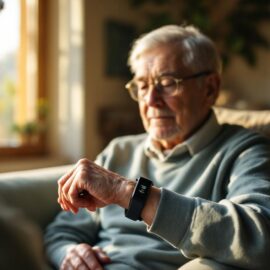 un-senior-assis-dans-un-salon-confortable-portant-un-bracelet-dalerte-moderne-avec-la-lumiere-du-soleil-filtrant-a-travers-la-fenetre-creant-une-ambiance-chaleureuse-et-naturelle