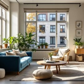 interieur-dun-appartement-mis-en-scene-et-lumineux-dans-un-loft-urbain-grandes-baies-vitrees-donnant-sur-une-rue-calme-canape-cosy-table-basse-en-bois-plantes-en-pot-etageres-ouvertes-et-tapi