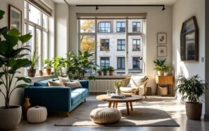 interieur-dun-appartement-mis-en-scene-et-lumineux-dans-un-loft-urbain-grandes-baies-vitrees-donnant-sur-une-rue-calme-canape-cosy-table-basse-en-bois-plantes-en-pot-etageres-ouvertes-et-tapi