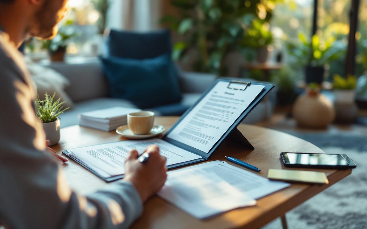Un proprietaire assis a une table en bois dans un salon moderne et chaleureux, examinant des documents de location ouverts dans une chemise, avec un stylo, une tablette et des piles de formulaires visibles, une plante pres d'une grande fenetre laissant entrer une lumiere naturelle douce, ambiance calme et concentree, tonalites bleues et vertes dominantes.