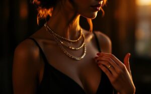 Femme en robe de soirée noire ajustant des colliers superposés en or, gros plan sur le buste et les mains, lumière chaude de crépuscule volumétrique, fond intérieur sombre et élégant, reflets brillants sur les bijoux.