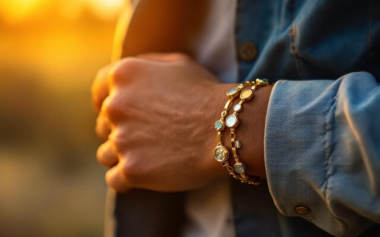 Gros plan sur des bagues empilées et un bracelet en or au poignet d'une tenue décontractée (veste en jean, chemise en lin), lumière chaude de coucher de soleil, arrière-plan flou
