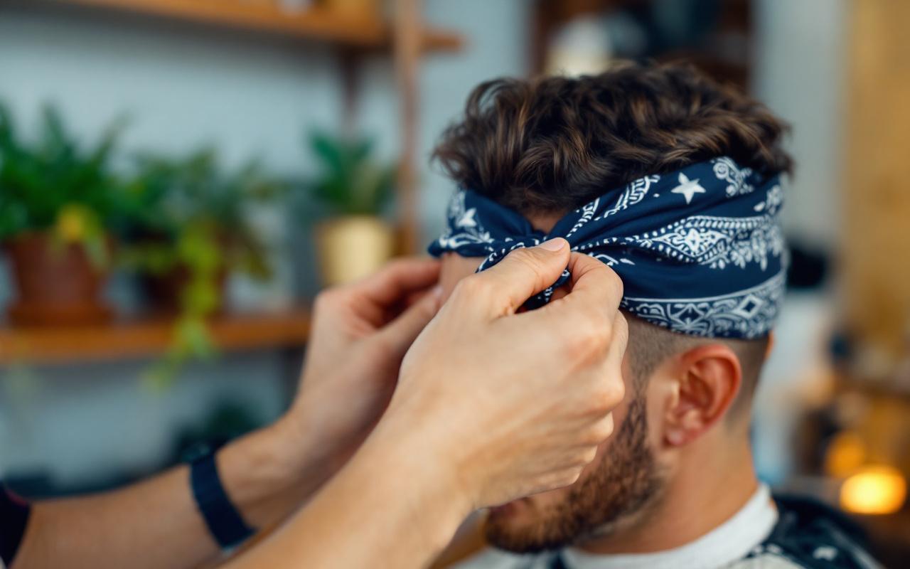 Gros plan de mains qui nouent un bandana sur les cheveux d'un homme, montrant le tissu et la texture des cheveux dans une ambiance lumineuse et naturelle.