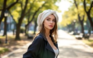 personne-portant-un-bandeau-en-coton-et-une-tenue-decontractee-sur-un-chemin-de-parc-urbain-borde-darbres-et-de-bancs-tissu-texture-posture-detendue-lumiere-douce-et-ambiance-calme-aux-tons-b