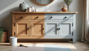 découvrez comment relooker un buffet en chêne massif grâce à la peinture minérale pour lui donner un style moderne et authentique.