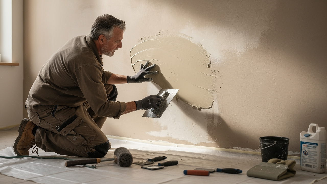 Un homme en tenue de travail applique un enduit de réparation sur un mur intérieur préparé, avec des outils de ponçage et une bâche de protection au sol.