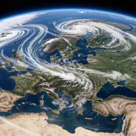 Illustration scientifique réaliste de l’Europe observée depuis la haute atmosphère, avec un ruban ondulant de vents du courant-jet au-dessus de l’Atlantique et du continent, entouré de nuages formant des dépressions.
