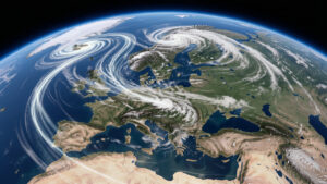 Illustration scientifique réaliste de l’Europe observée depuis la haute atmosphère, avec un ruban ondulant de vents du courant-jet au-dessus de l’Atlantique et du continent, entouré de nuages formant des dépressions.