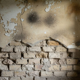 Mur intérieur ancien présentant des auréoles d’humidité, de la peinture cloquée et une partie de l’enduit retirée dans une ambiance réaliste de chantier de rénovation.