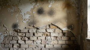 Mur intérieur ancien présentant des auréoles d’humidité, de la peinture cloquée et une partie de l’enduit retirée dans une ambiance réaliste de chantier de rénovation.