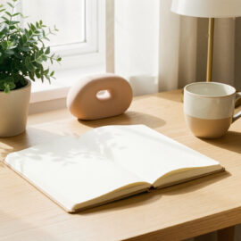 Bureau lumineux et apaisant avec un carnet vierge, une plante verte, une tasse en céramique et un petit objet sensoriel discret.