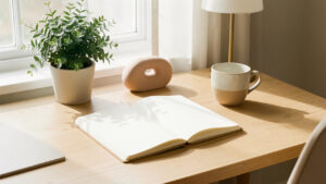 Bureau lumineux et apaisant avec un carnet vierge, une plante verte, une tasse en céramique et un petit objet sensoriel discret.