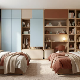 Chambre d’enfants partagée lumineuse avec deux espaces harmonieusement décorés, rangements intégrés et mobilier contemporain chaleureux.