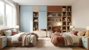 Chambre d’enfants partagée lumineuse avec deux espaces harmonieusement décorés, rangements intégrés et mobilier contemporain chaleureux.