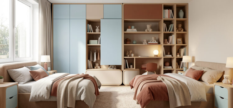 Chambre d’enfants partagée lumineuse avec deux espaces harmonieusement décorés, rangements intégrés et mobilier contemporain chaleureux.