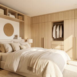Chambre parentale lumineuse et chaleureuse avec rangements intégrés, textiles naturels et décoration moderne dans des tons doux.