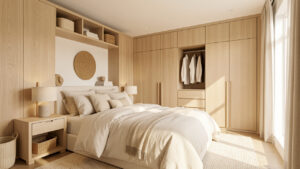 Chambre parentale lumineuse et chaleureuse avec rangements intégrés, textiles naturels et décoration moderne dans des tons doux.