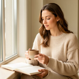 Femme détendue assise près d’une fenêtre, avec un carnet ouvert et une tasse chaude dans un intérieur apaisant baigné de lumière douce.