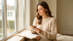 Femme détendue assise près d’une fenêtre, avec un carnet ouvert et une tasse chaude dans un intérieur apaisant baigné de lumière douce.