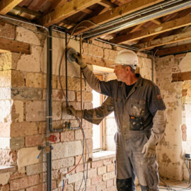Un artisan examine attentivement les murs, la toiture et les installations d’une maison ancienne en rénovation, éclairée par la lumière naturelle.