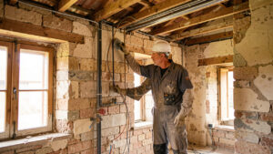 Un artisan examine attentivement les murs, la toiture et les installations d’une maison ancienne en rénovation, éclairée par la lumière naturelle.