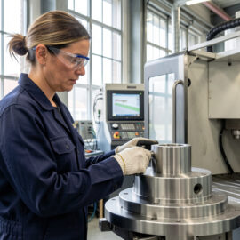 Technicienne en tenue de sécurité contrôlant une pièce métallique usinée près d’une machine à commande numérique dans un atelier industriel français.