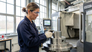 Technicienne en tenue de sécurité contrôlant une pièce métallique usinée près d’une machine à commande numérique dans un atelier industriel français.