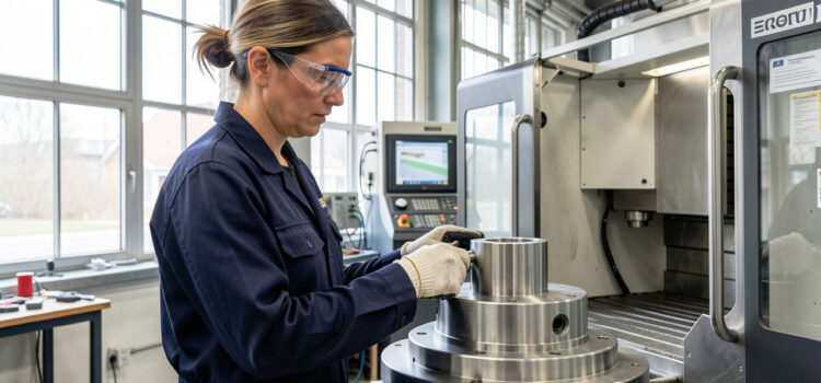 Technicienne en tenue de sécurité contrôlant une pièce métallique usinée près d’une machine à commande numérique dans un atelier industriel français.