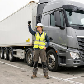 Conductrice de poids lourd en tenue de sécurité devant son camion sur une plateforme logistique française, photographiée en lumière naturelle dans un style reportage réaliste.