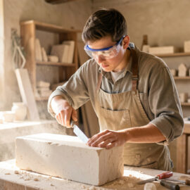 Jeune apprenti tailleur de pierre travaillant un bloc calcaire avec des outils manuels dans un atelier lumineux.
