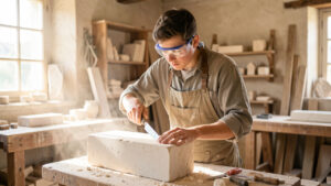 Jeune apprenti tailleur de pierre travaillant un bloc calcaire avec des outils manuels dans un atelier lumineux.