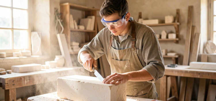 Quels métiers d’art choisir pour un emploi d’avenir fondé sur la transmission ? Jeune apprenti tailleur de pierre travaillant un bloc calcaire avec des outils manuels dans un atelier lumineux.