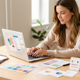 Jeune femme designer analysant des interfaces abstraites sur un ordinateur portable, entourée d’un carnet de croquis et de maquettes colorées dans un studio lumineux.