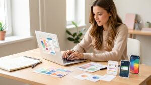 Jeune femme designer analysant des interfaces abstraites sur un ordinateur portable, entourée d’un carnet de croquis et de maquettes colorées dans un studio lumineux.