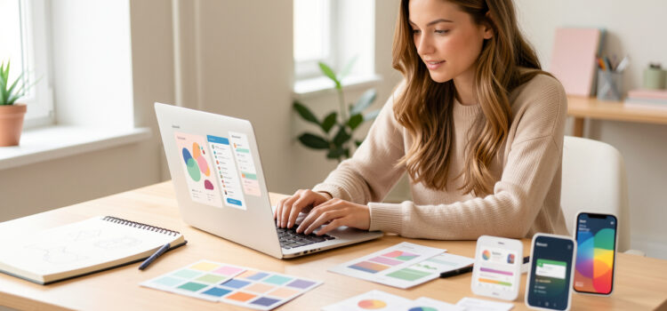 Jeune femme designer analysant des interfaces abstraites sur un ordinateur portable, entourée d’un carnet de croquis et de maquettes colorées dans un studio lumineux.