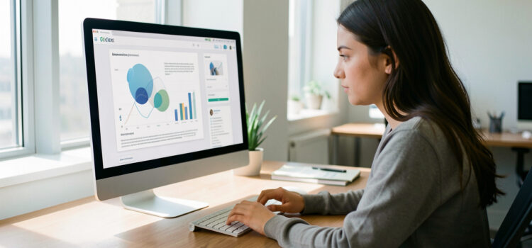 Quelles compétences choisir pour l’emploi des jeunes face à l’IA ? Jeune diplômée analysant une offre d’emploi sur un ordinateur dans un bureau lumineux, avec une interface d’intelligence artificielle abstraite et sans texte lisible.