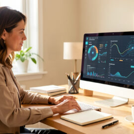 Femme en reconversion professionnelle analysant des visualisations de données et des outils d’intelligence artificielle sur un ordinateur dans un bureau lumineux.