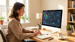 Femme en reconversion professionnelle analysant des visualisations de données et des outils d’intelligence artificielle sur un ordinateur dans un bureau lumineux.