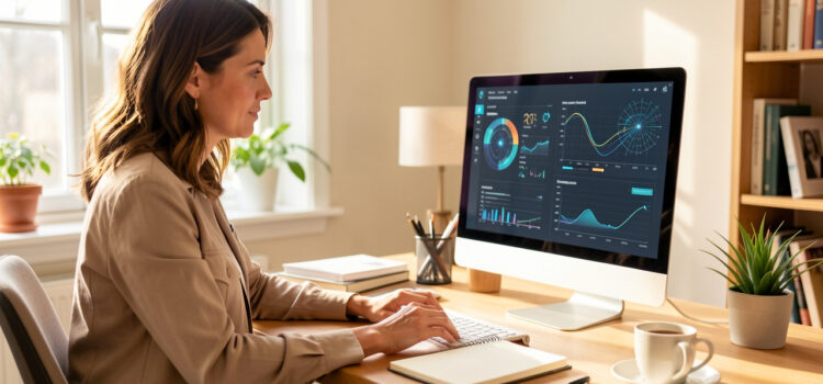 Quels métiers créés ou transformés par l’IA choisir pour se reconvertir ? Femme en reconversion professionnelle analysant des visualisations de données et des outils d’intelligence artificielle sur un ordinateur dans un bureau lumineux.